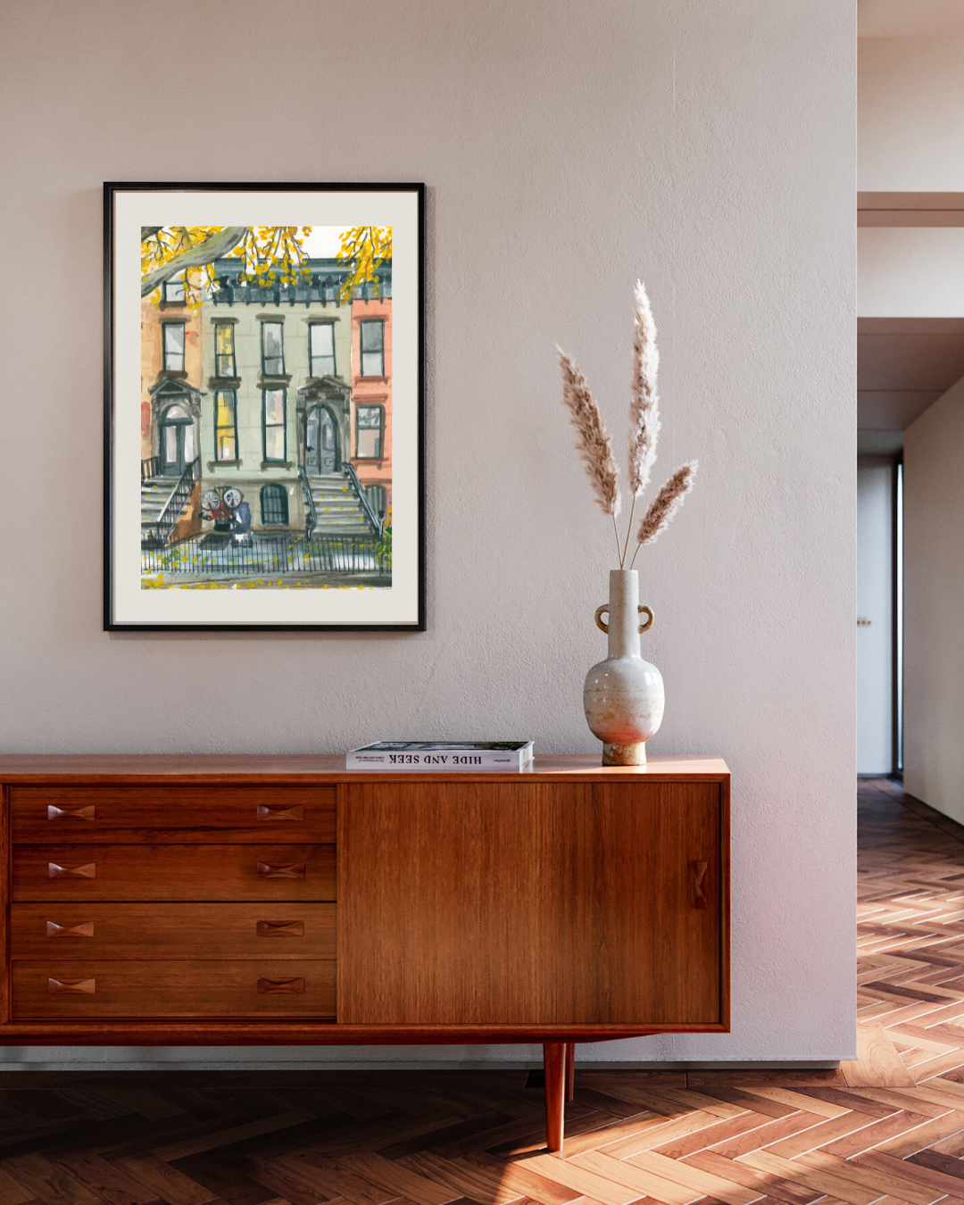 New York brownstone watercolour artwork pictured in an entryway