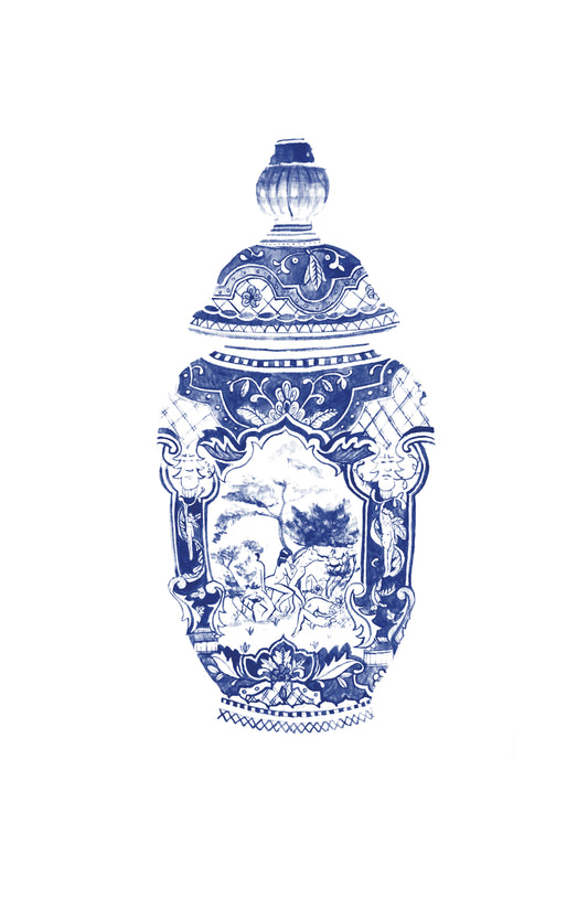 Blue and white watercolour vase with human figures
