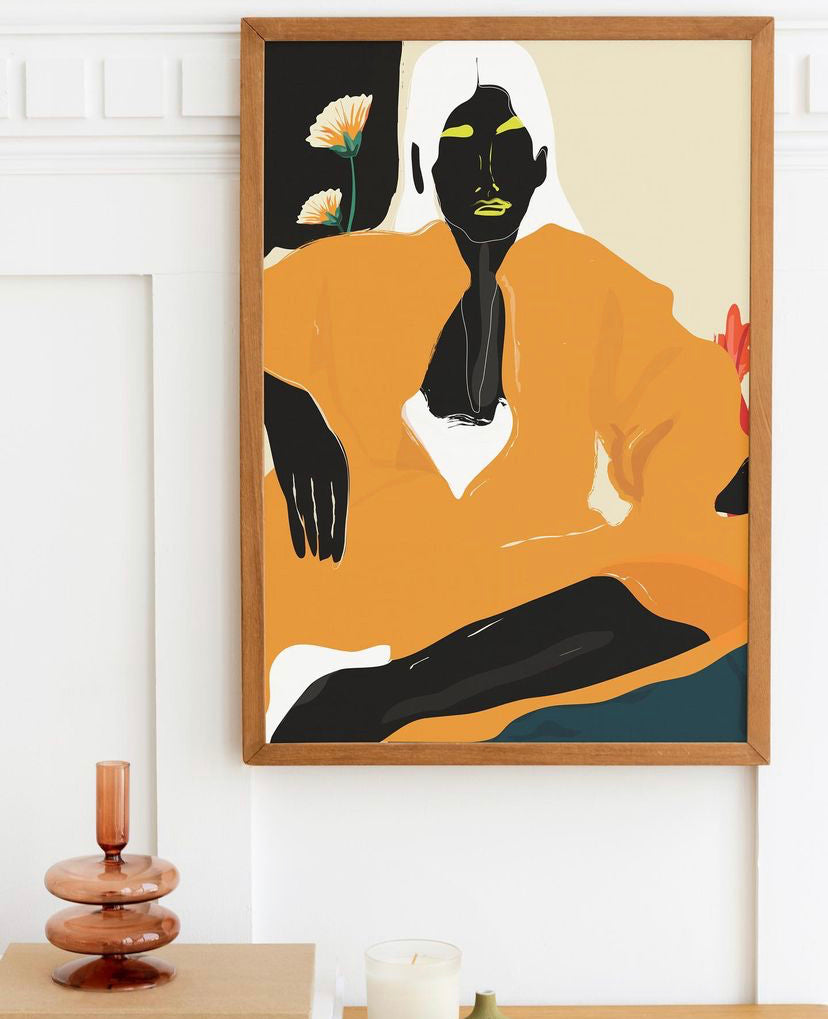 Woman in an orange outfit artwork pictured on the wall