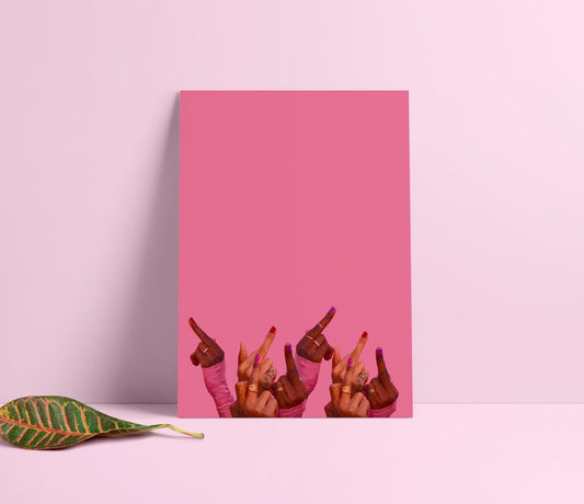 Pink middle finger artwork pictured leaning against the wall