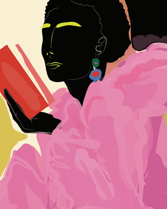 Woman in a pink outfit colour blocked artwork