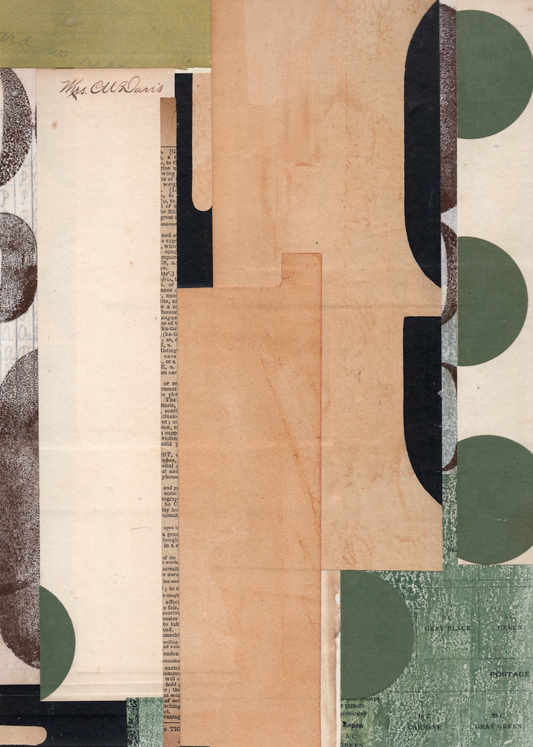 Abstract green and beige vintage paper collage artwork