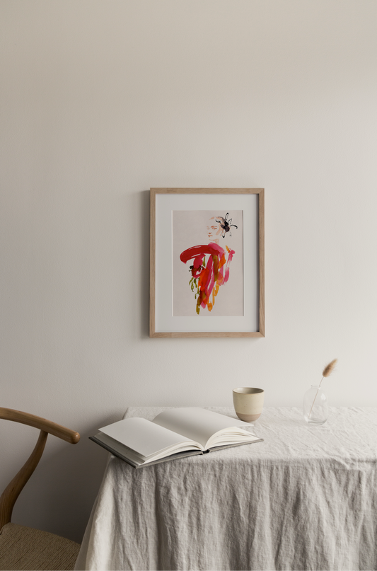 Abstract colourful watercolour woman artwork pictured on a wall