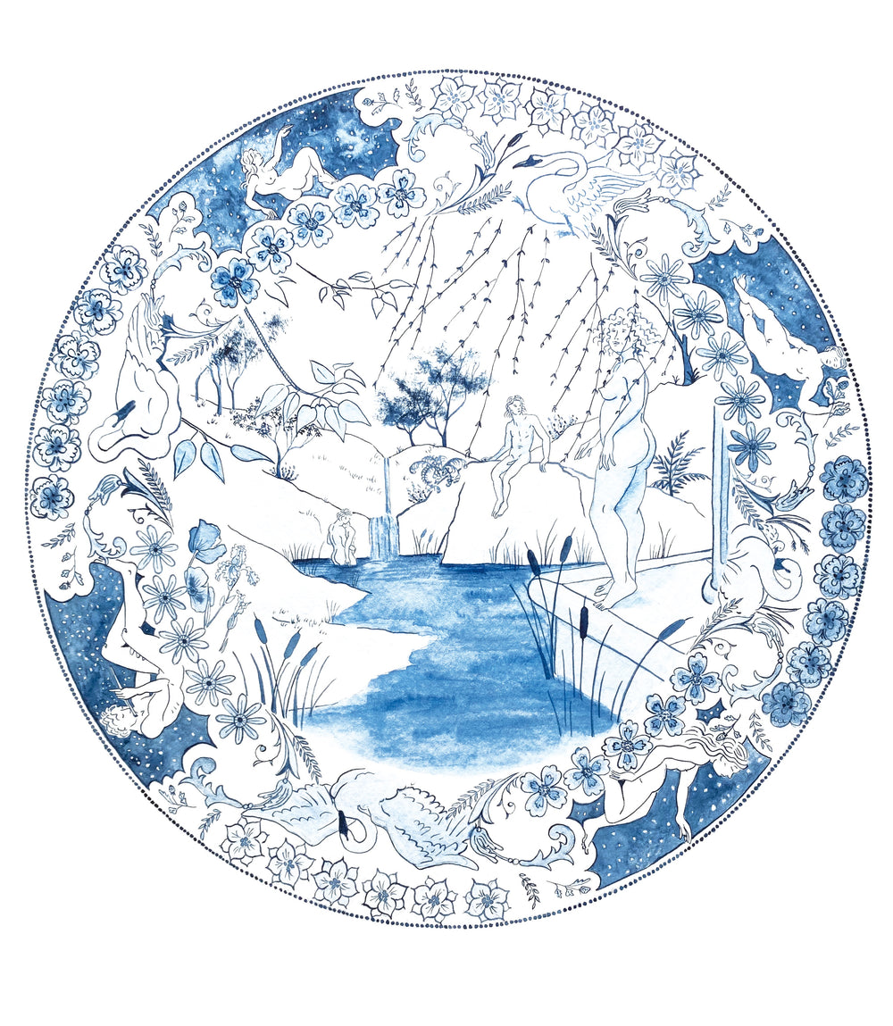 Blue and white watercolour artwork resembling a china plate with human figure and nature elements