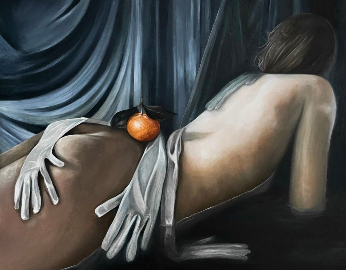 Realistic female figure with oranges and gloves artwork
