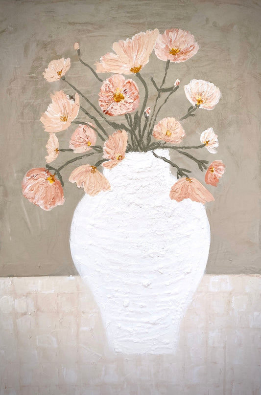 Artwork of a white vase with light pink flowers over a grey background