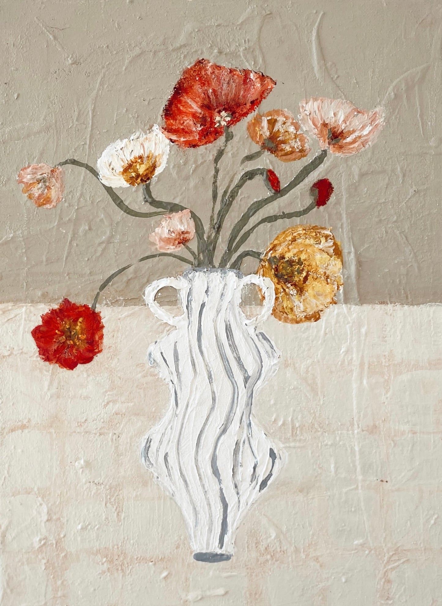 Artwork of a striped vase with poppies over a neutral background