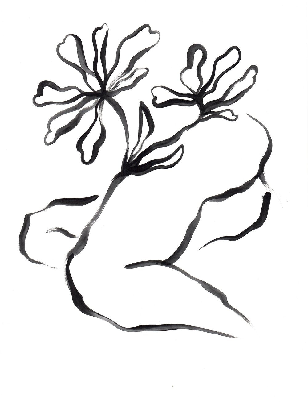 Minimalist black and white figure artwork with flowers 
