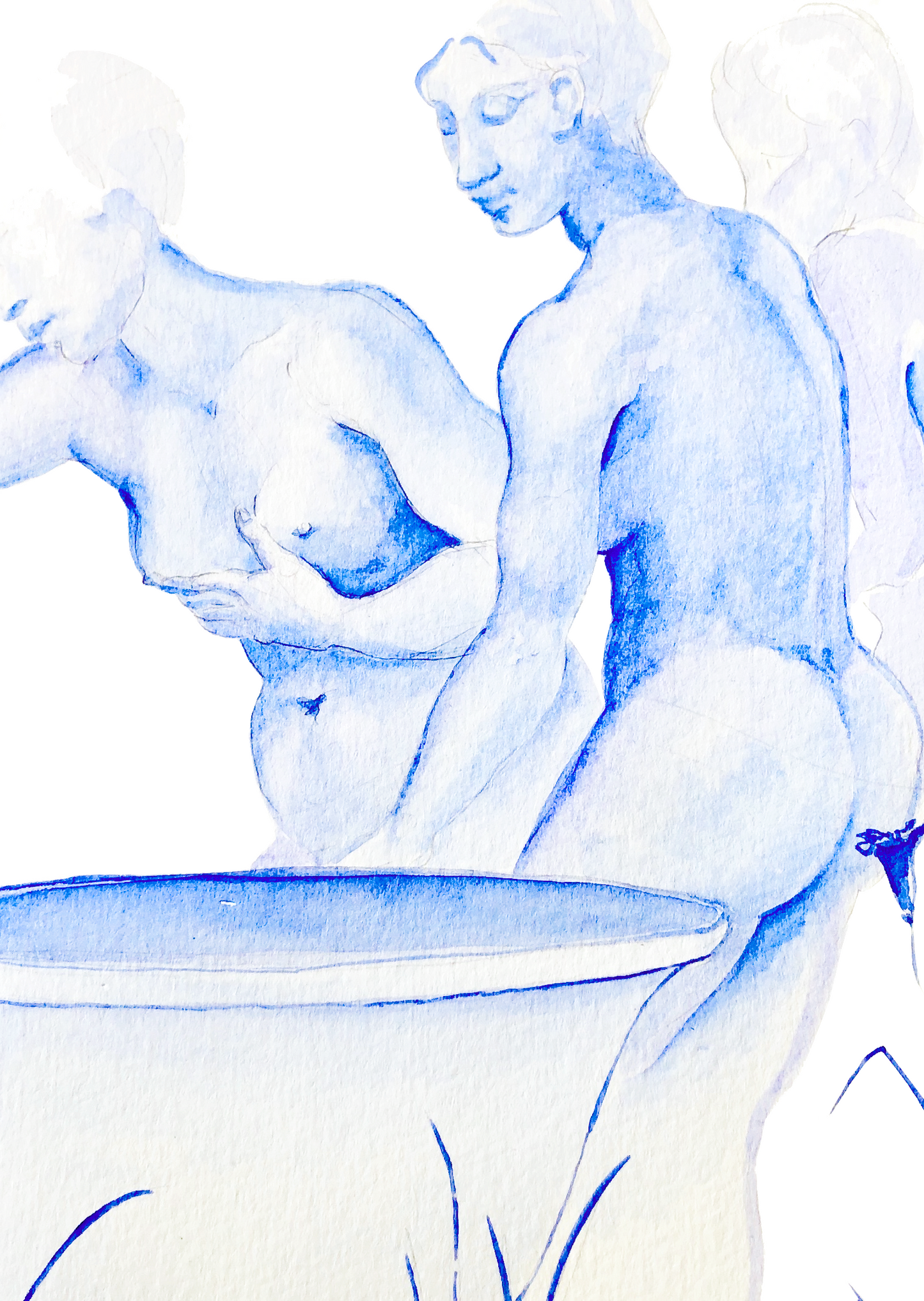 Blue and white watercolour artwork of female figures